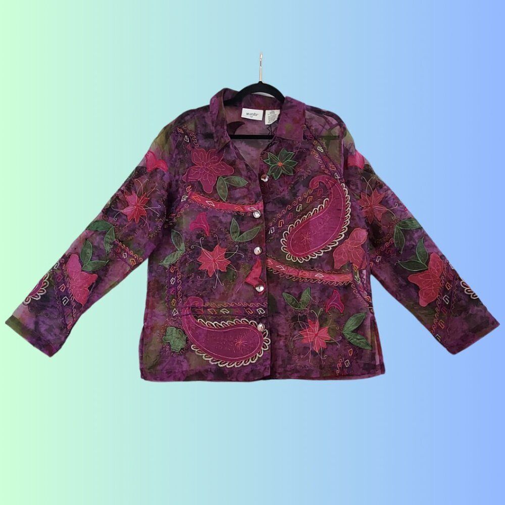 Sheer Floral Embroidered Button-Down (Large)